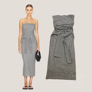 Amanda Uprichard Inaya Strapless Midi Dress | Black White Stripe, M, Resort NWOT